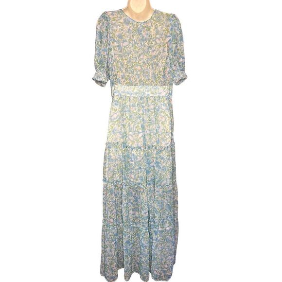 BYTIMO Blue Floral Tiered Chiffon Maxi DRESS -  NWT Size Medium - Picture 8 of 12